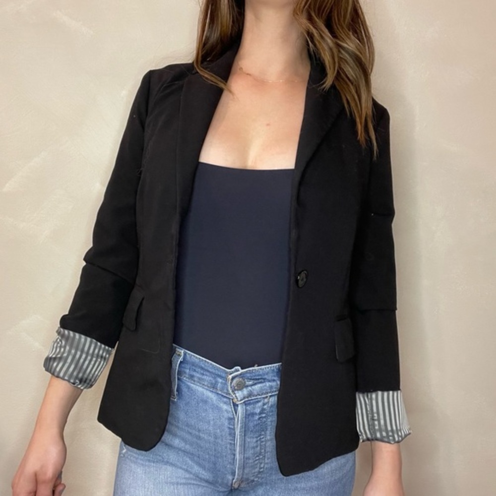 Black Blazer with Grey Striped Detail in Inner Sleeves by Forever 21 in Size S